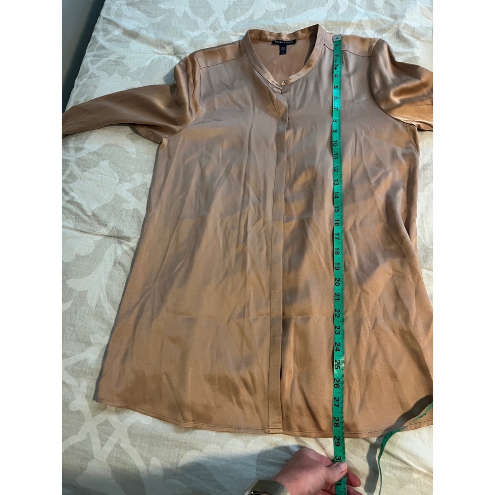Eileen Fisher Silk Blend Hidden Button Front Blouse Champagne Tan S/P F18SM - Picture 8 of 11